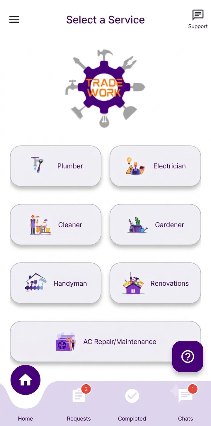 TradeWork app — Select a Service screen